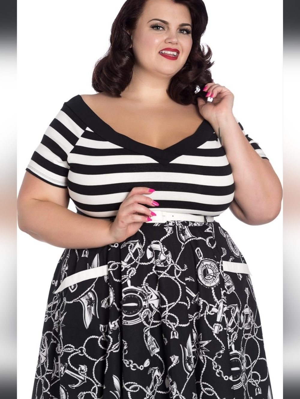 Hell Bunny Caitlin Striped Rockabilly Short Sleeve V Neck Top Black & White XL - Picture 8 of 9